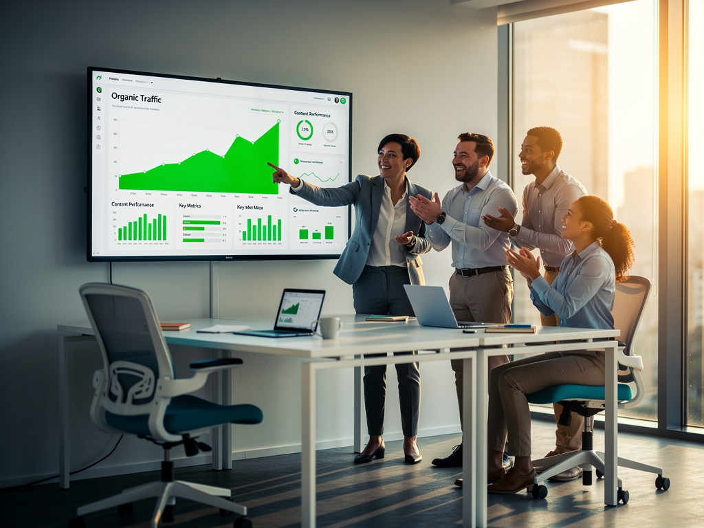 Successful digital marketing team celebrating organic traffic milestone on large monitor display, with SEO automation dashboard visible showing content production metrics and ranking improvements, modern office environment