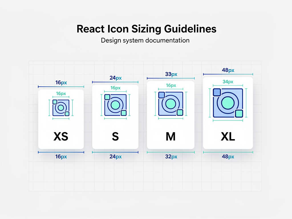 Design system documentation page showing icon sizing guidelines with visual examples of small, medium, large, and extra-large icon variants alongside corresponding use cases and spacing recommendations