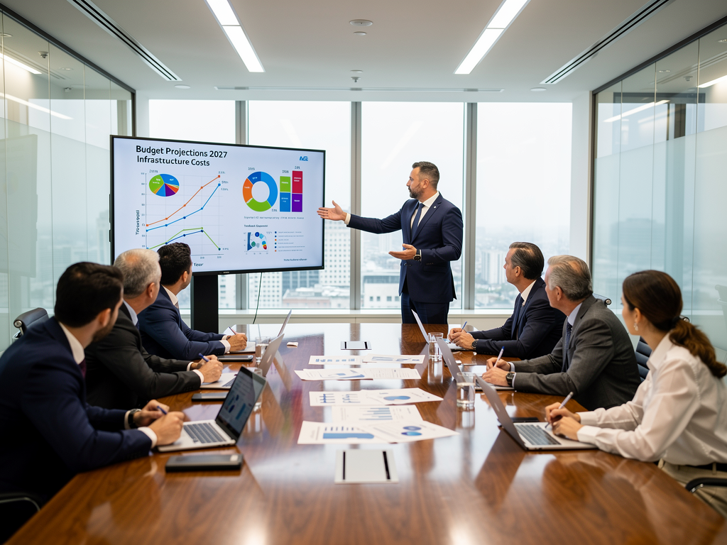 A budget planning meeting with government officials and AV consultants reviewing cost projections on a large display screen, professional conference room setting with natural and artificial lighting, documents and laptops visible on the table