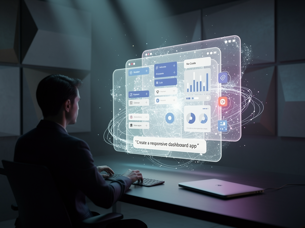 Futuristic concept visualization of an AI-enhanced no-code platform interface where users describe applications in natural language and AI generates visual designs, with holographic previews showing real-time application rendering and intelligent suggestions for improvements based on best practices and user goals.