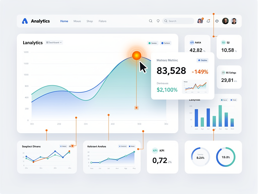 Interactive SaaS dashboard demonstration showing a user's cursor hovering over a line chart data point, with an expanded tooltip displaying detailed metrics including percentage change from previous period, absolute values, and a mini comparison chart, while related data points across other charts are highlighted with connecting visual indicators