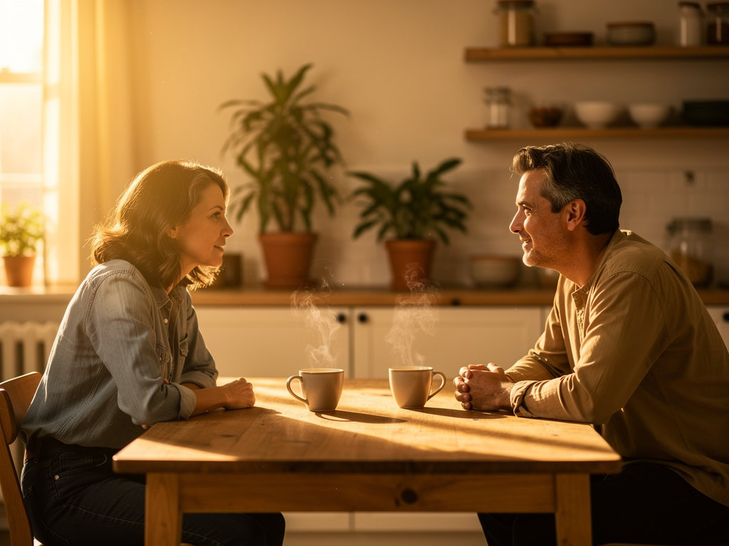 Two people having a calm, direct conversation at a kitchen table, maintaining eye contact with open body language, warm morning light creating a sense of connection and honest communication