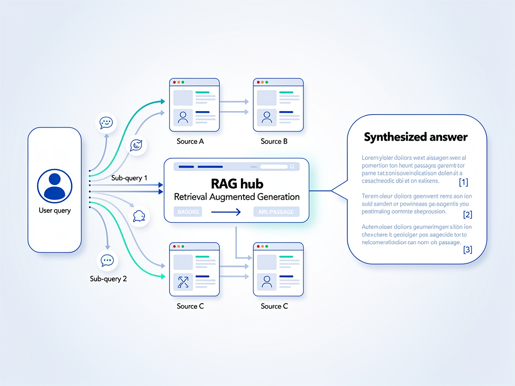 Diagram illustrating the generative AI search process, showing a user query being broken into sub-queries, multiple web sources being retrieved, passages being extracted through RAG, and a final synthesized answer being generated with citations, depicted in a clean flowchart style with blue and white color scheme