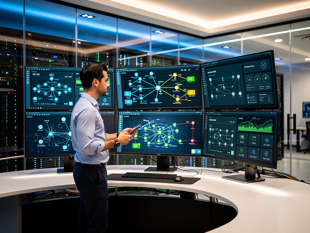 A modern corporate network operations center with multiple monitors displaying network topology diagrams and AV system status dashboards, professional lighting illuminating rows of server racks in the background, creating a high-tech atmosphere that emphasizes the convergence of IT and AV technologies