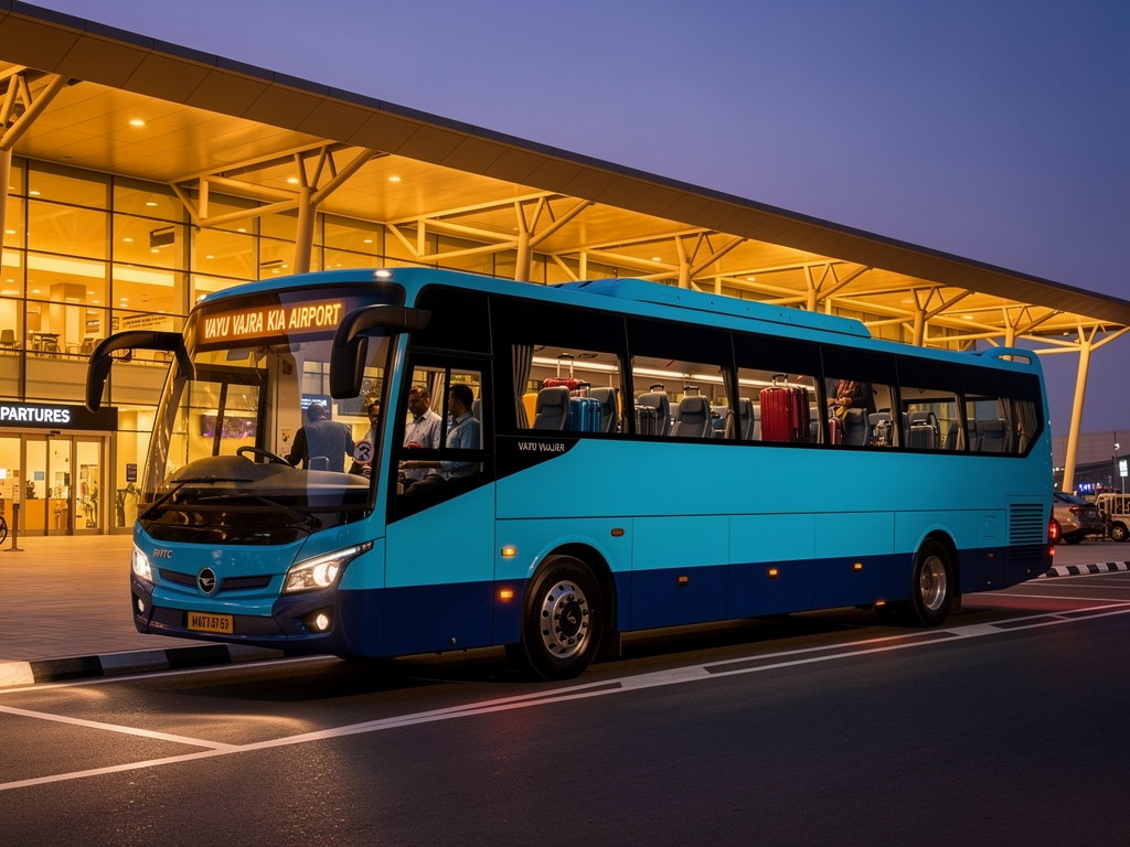 A BMTC Vayu Vajra bus arriving at Kempegowda International Airport terminal during evening hours, the modern airport building visible in the background with its distinctive architecture, passengers preparing to disembark with their luggage, terminal lights creating a welcoming glow, the bus positioned at the designated drop-off zone