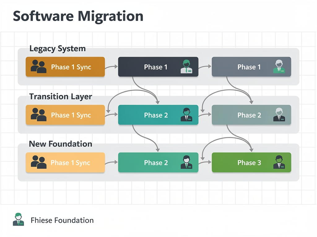 Migration workflow diagram showing staged transition from legacy boilerplate to new foundation with parallel running systems, data synchronization, and gradual user migration, flowchart style with timeline indicators