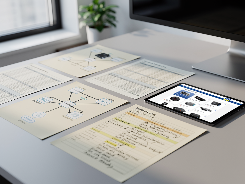 Technical documentation spread across a desk showing network diagrams, equipment specifications, and troubleshooting logs, with a tablet displaying the AVoIP Solutions Directory website for reference