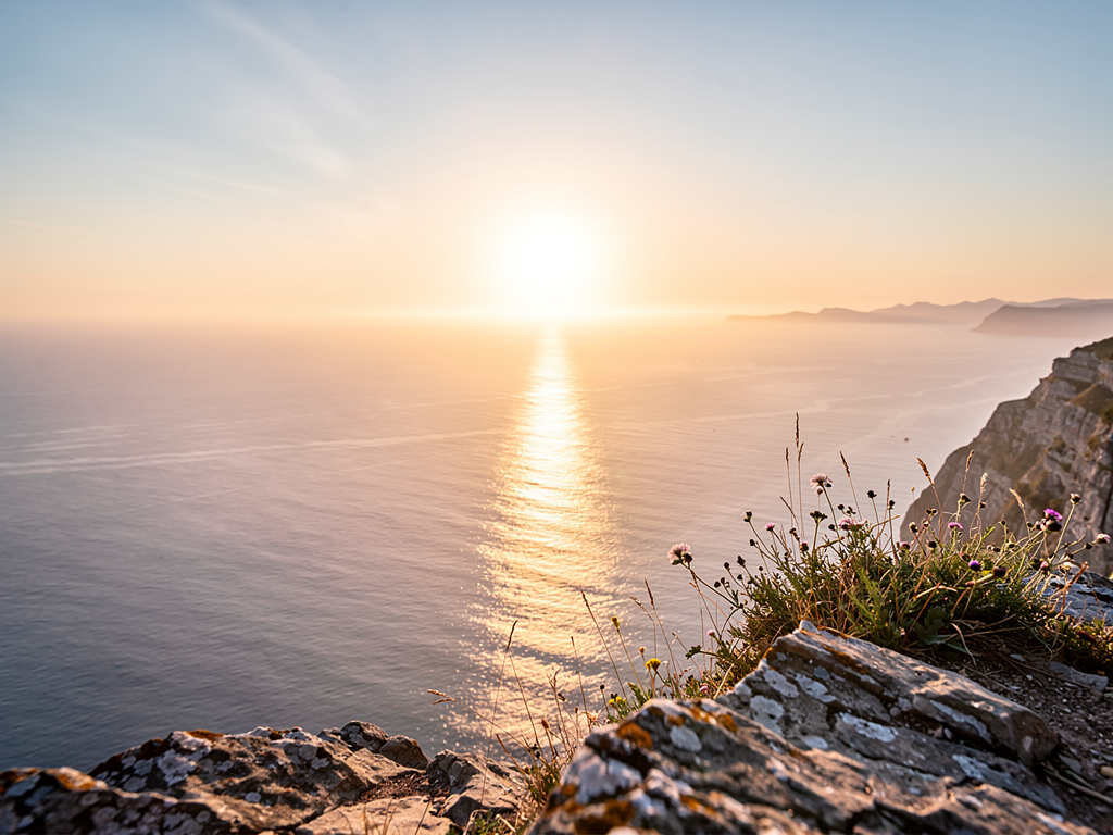 A sunrise over a calm sea viewed from a clifftop, warm golden and pink hues in the sky, representing hope, new beginnings, and the possibility of positive change through therapy