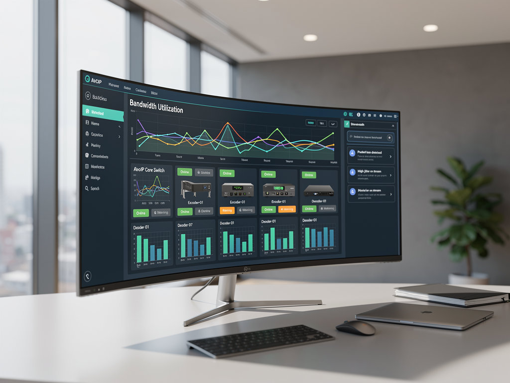 A dashboard display showing real-time AVoIP system health metrics including bandwidth utilization graphs, device status indicators, and alert notifications on a modern curved monitor in an executive IT management office with natural lighting