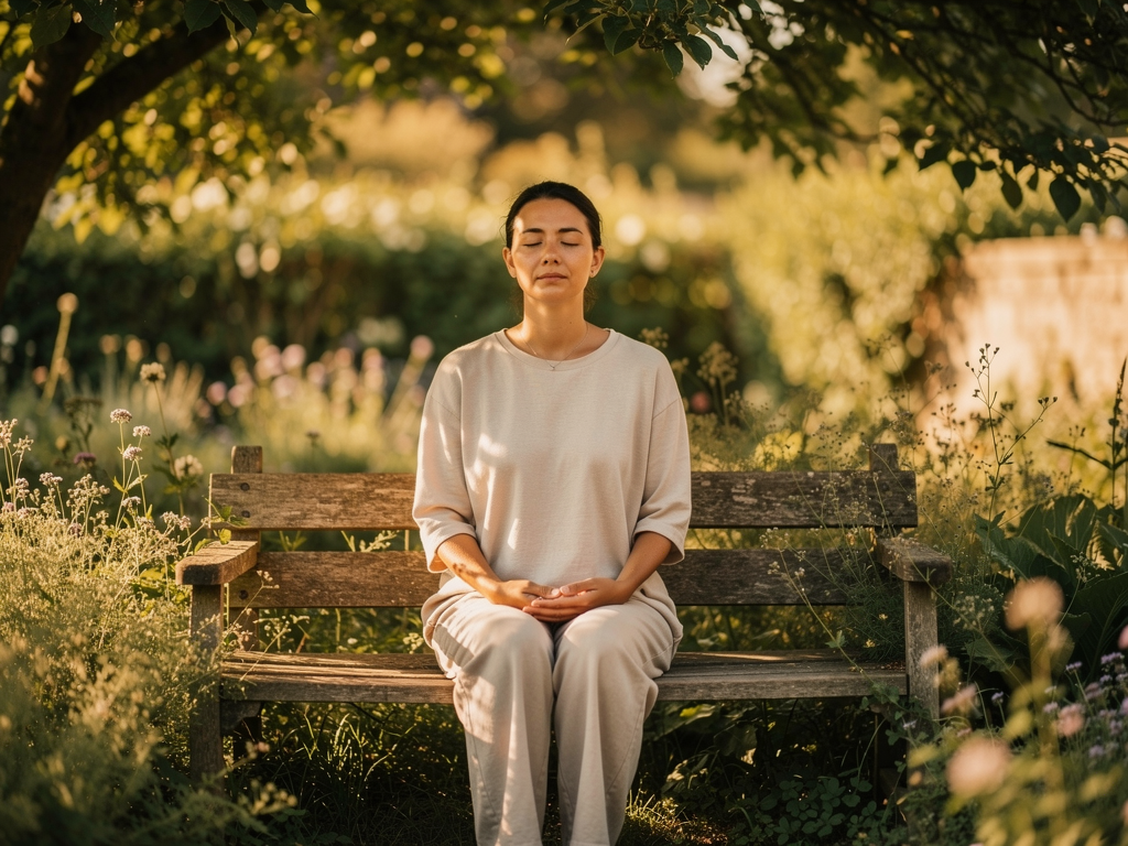 A person practising deep breathing exercises with eyes closed in a peaceful garden setting, sunlight filtering through trees, demonstrating relaxation and coping techniques used alongside anxiety treatment