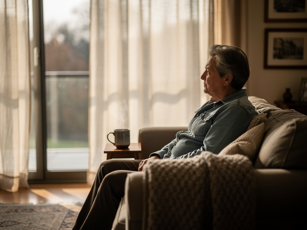 A middle-aged person sitting alone by a window in a softly lit living room, gazing outside with a contemplative expression. Natural daylight filters through sheer curtains, creating a warm but melancholic atmosphere that conveys the internal experience of loneliness despite comfortable surroundings.