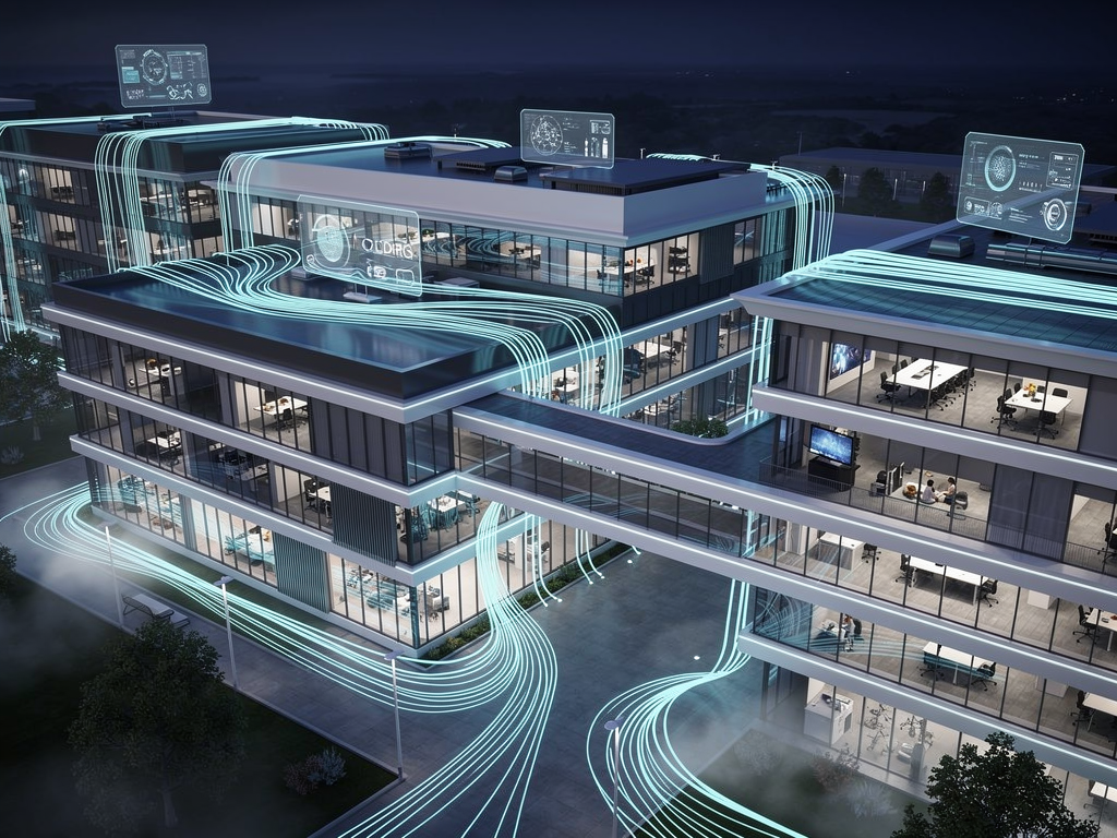 A futuristic visualization of interconnected smart buildings with glowing network pathways between them, representing next-generation campus connectivity, rendered in a clean modern style with blue and white tones