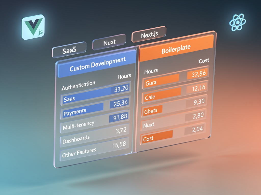 Spreadsheet visualization comparing development costs between building from scratch versus using a SaaS boilerplate, showing rows for authentication, payments, multi-tenancy, and admin dashboard with hour estimates and dollar values calculated