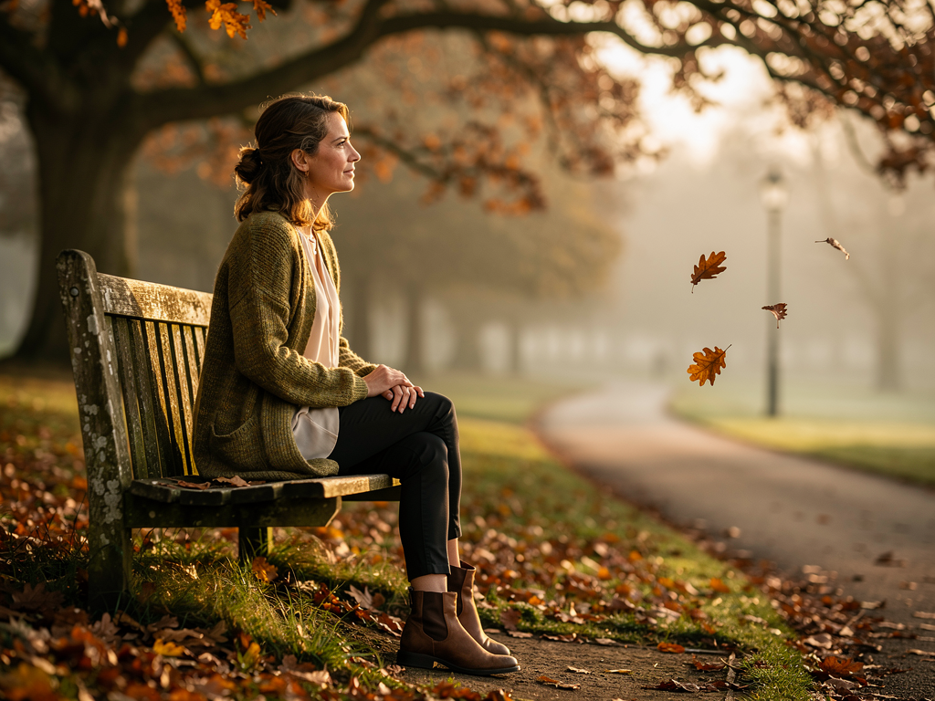 A woman sitting alone on a park bench in soft morning light, looking contemplative and peaceful, surrounded by autumn leaves in a British park setting. The composition shows her in profile, suggesting quiet self-reflection and the beginning of a personal journey toward self-understanding.