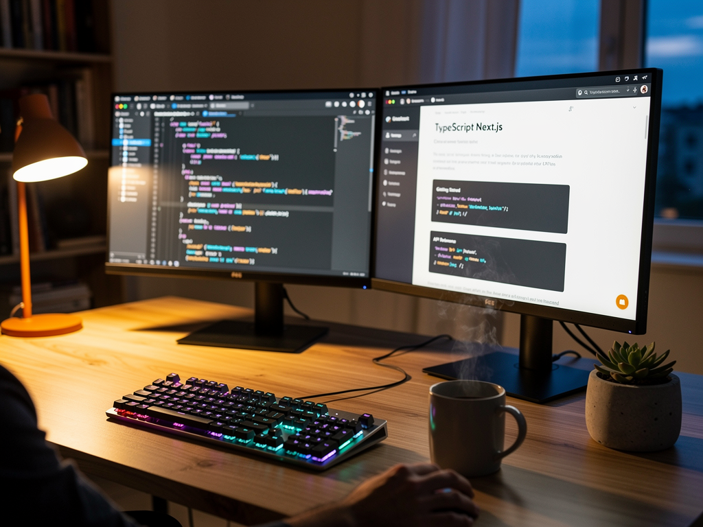 Developer workspace showing code editor with TypeScript Next.js code on one monitor and comprehensive documentation website on another monitor, with a coffee cup and mechanical keyboard visible, warm ambient lighting creating a productive atmosphere