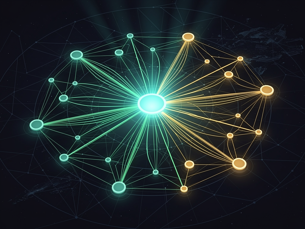 A network visualization showing interconnected websites with backlinks represented as lines connecting nodes of varying sizes, larger nodes indicating higher domain authority, color gradients showing link quality from green (high quality) to yellow (moderate), dark background with glowing connection lines