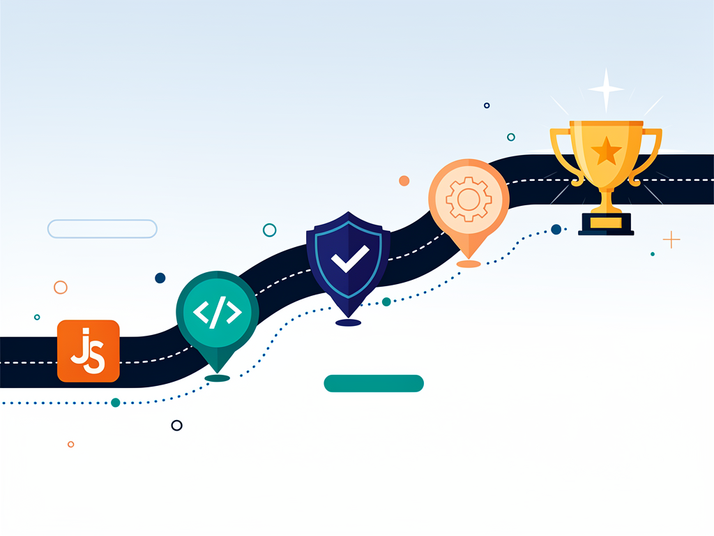 Motivational graphic showing a developer journey from JavaScript to TypeScript mastery, with checkpoints for learning milestones and a celebration icon at the finish representing career success in SaaS development