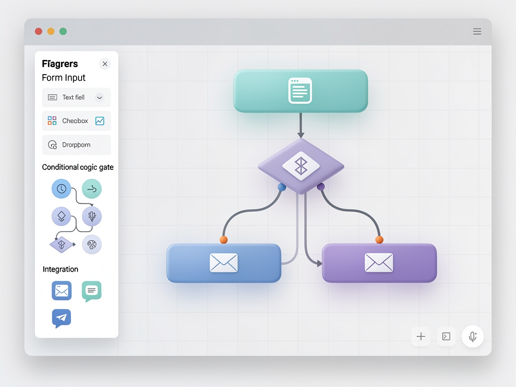 Visual workflow builder interface showing a multi-step automation flow with trigger nodes, conditional branches, and action nodes connected by arrows. The interface displays a form submission trigger leading to conditional logic that routes data to different actions based on user-defined rules, with a sidebar showing available nodes and configuration options.
