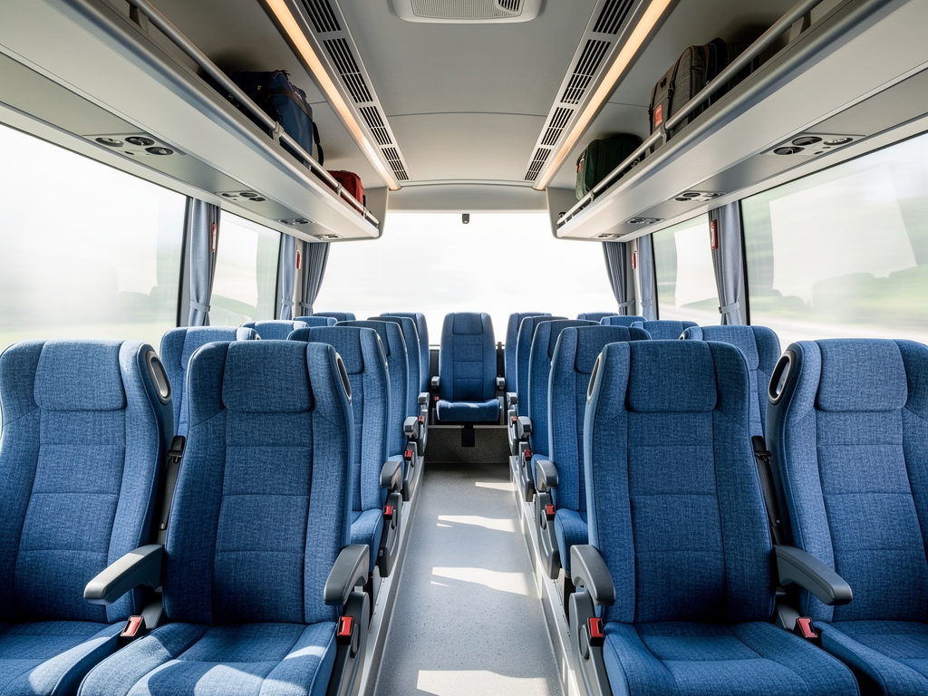 Interior view of a Vayu Vajra Volvo bus showing comfortable reclining seats with blue upholstery, spacious legroom, overhead luggage racks, and air conditioning vents, captured in natural daylight streaming through tinted windows