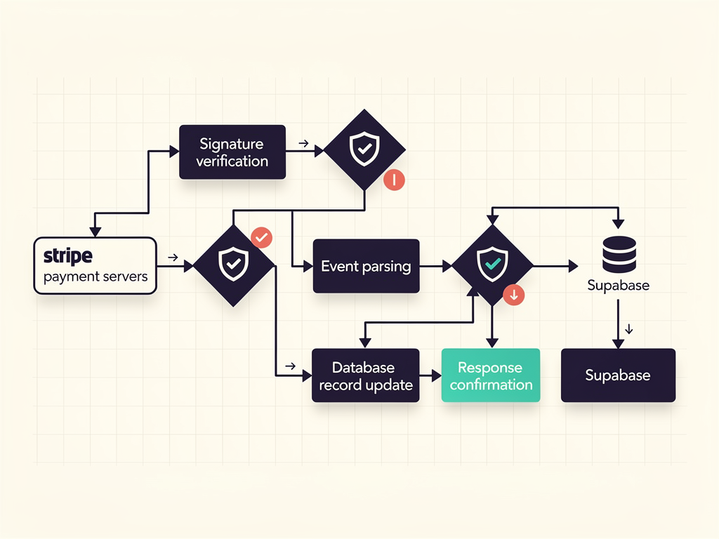 Flowchart diagram showing webhook data flow from Stripe servers through signature verification, event parsing, database update, and response confirmation, with decision points for error handling and retry logic illustrated in a technical documentation style