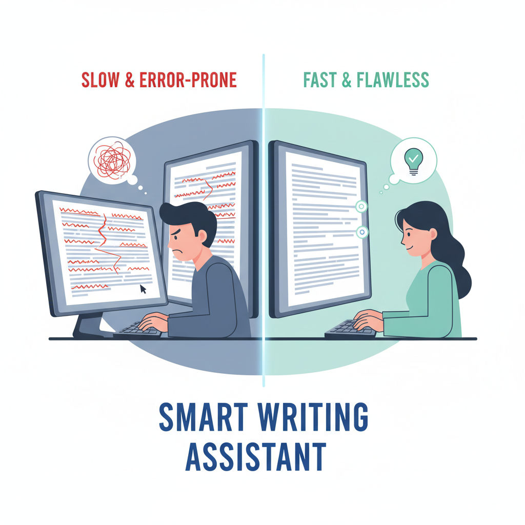 A split screen showing a user struggling with typos on one side and effortlessly typing with a smart writing assistant on the other, highlighting efficiency gains