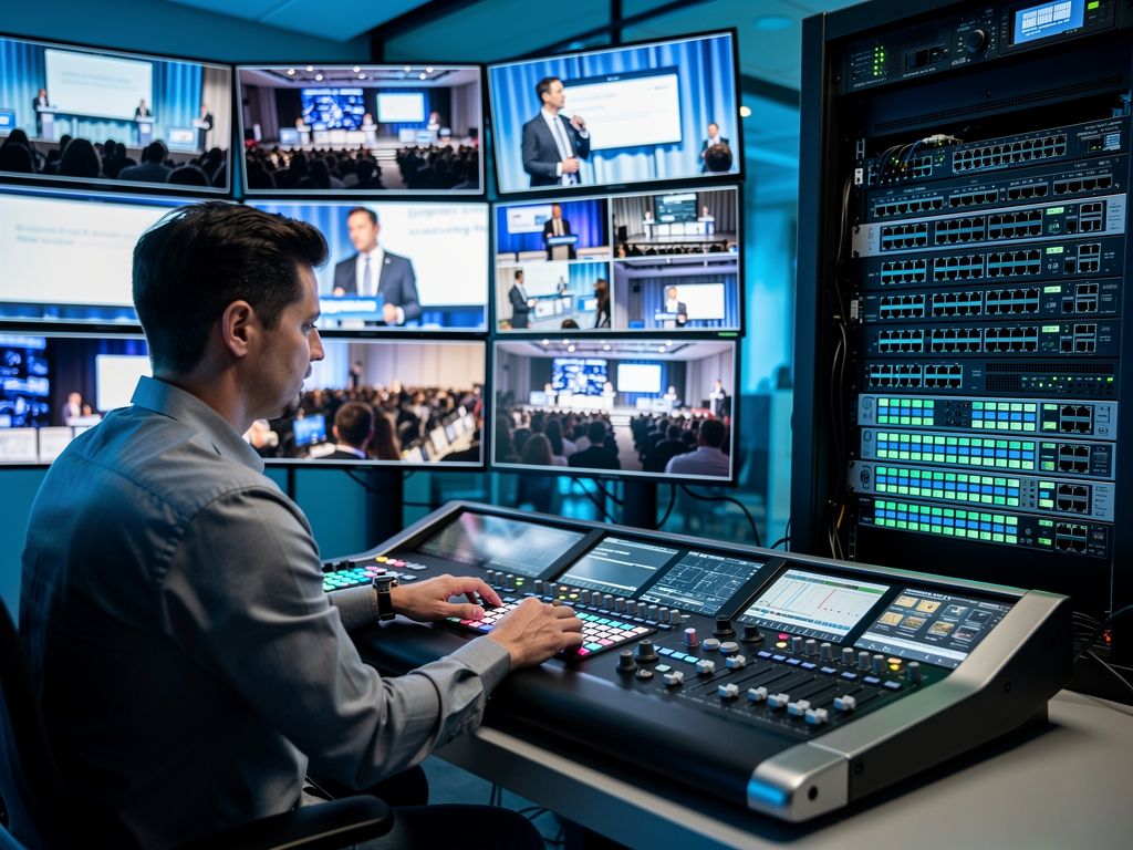A professional broadcast control room with multiple monitors displaying live video feeds, network switches with illuminated ports in a rack, and an operator at a control surface managing source switching during a live corporate event, modern lighting with blue accent tones reflecting off equipment surfaces