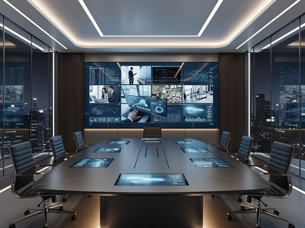 A futuristic briefing room concept showing advanced display technology with seamless video walls, integrated collaboration tools, and subtle security indicators, rendered in a clean modern aesthetic with professional lighting
