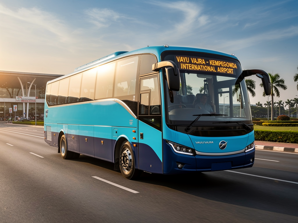Interior view of a BMTC Vayu Vajra Volvo bus showing comfortable blue upholstered seats, air conditioning vents, and clean modern design with passengers seated comfortably during an airport journey
