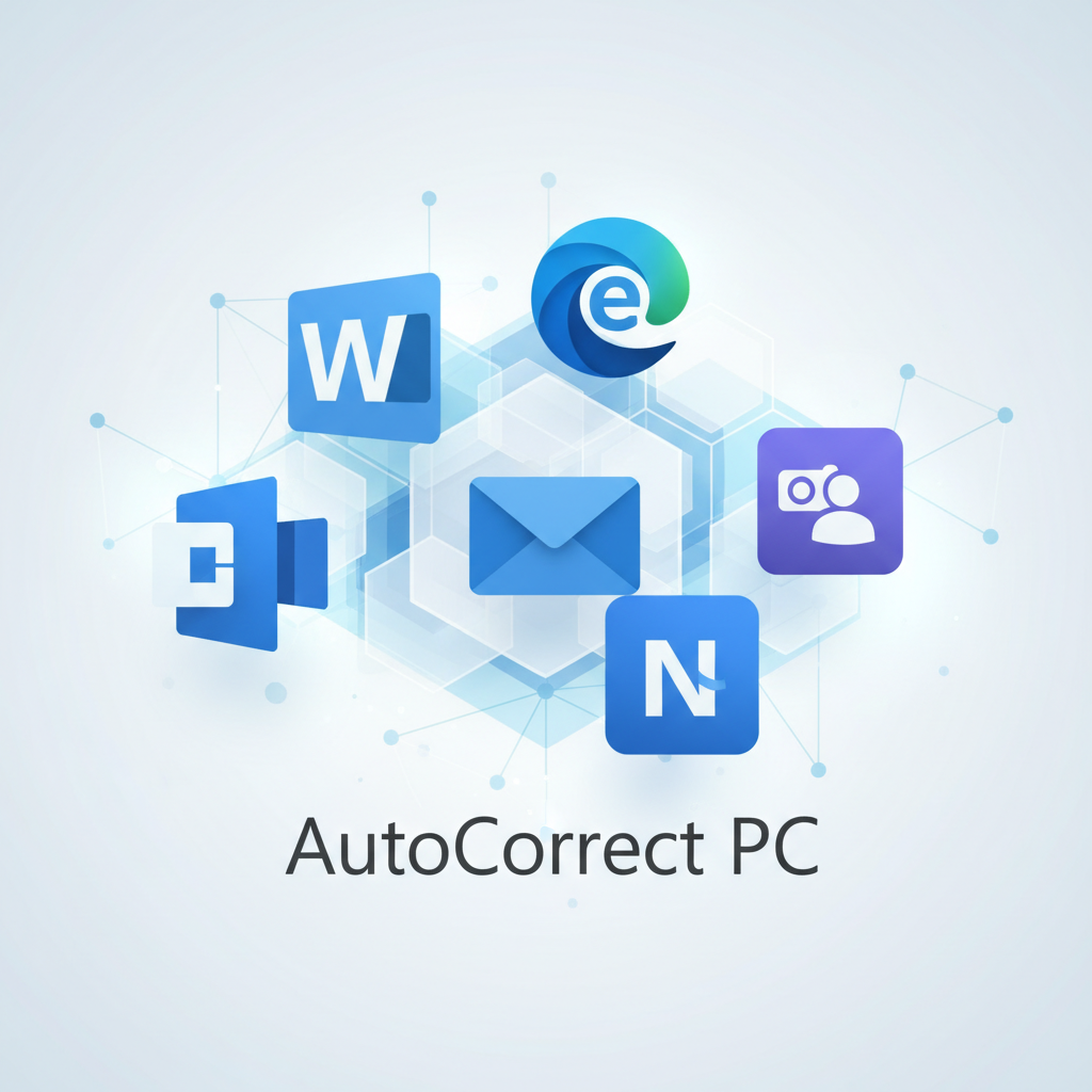 A collage of various Windows 11 application icons (Word, Edge, Outlook, Notion), with AutoCorrect PC's logo subtly overlaid, illustrating its system-wide compatibility.