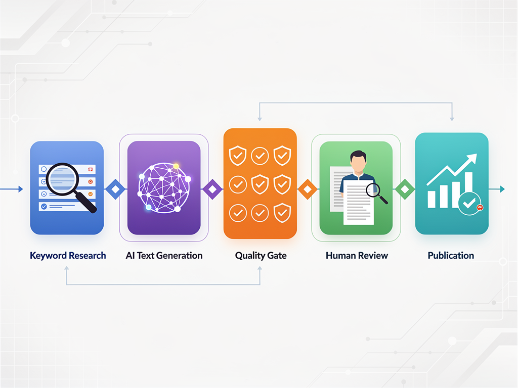 Detailed flowchart showing AI content workflow from keyword research through publication, with decision points for human review, quality gates, and optimization checkpoints, clean professional design with color-coded stages