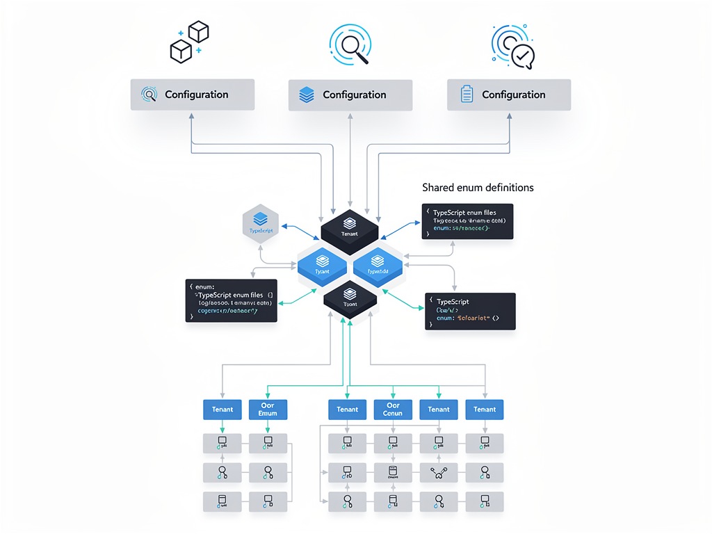 Architecture diagram showing how TypeScript enums interact with a multi-tenant SaaS system, depicting tenant-specific customization layers, shared enum definitions, and database schema relationships, using a clean technical documentation style with blue and gray color scheme
