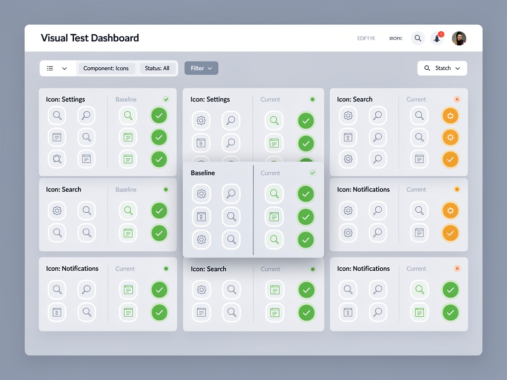 A testing dashboard showing visual regression test results for icon components, with side-by-side comparisons of baseline and current screenshots. Green checkmarks indicate passing tests while one test shows a highlighted difference where an icon size changed unexpectedly. The interface displays test metadata including browser, viewport size, and timestamp.