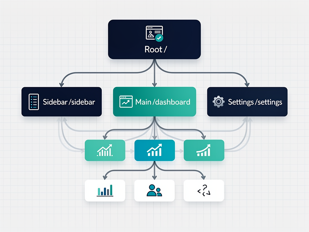 Diagram showing React Router nested routing structure with a SaaS dashboard layout, depicting parent routes containing child routes, outlet components, and how state flows through the component hierarchy with clean iconography