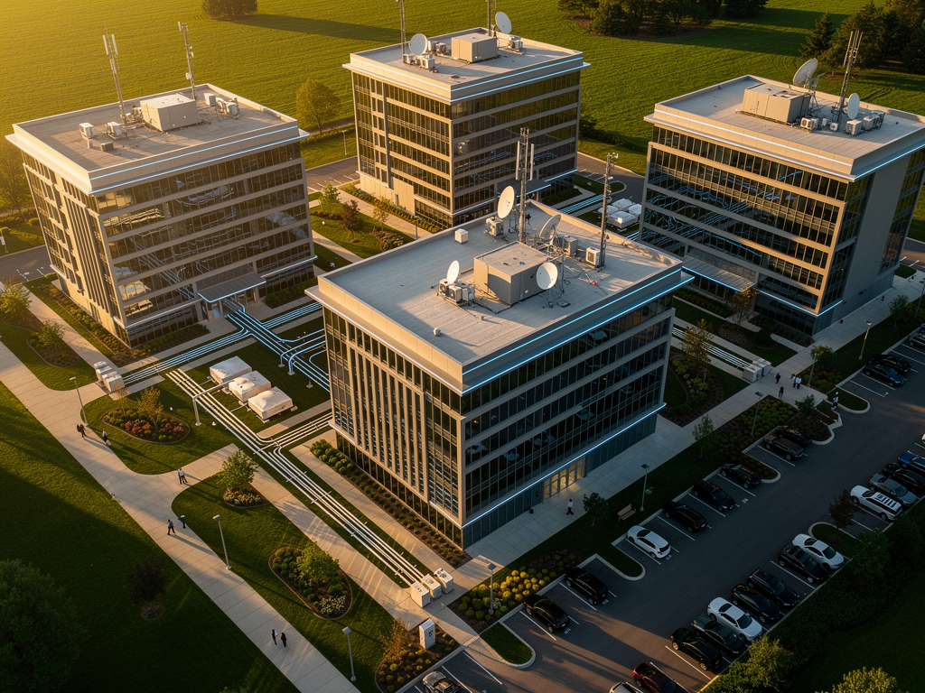 A modern corporate campus aerial view showing multiple interconnected office buildings with visible network infrastructure pathways, captured during golden hour with warm lighting emphasizing the scale and connectivity of the enterprise environment