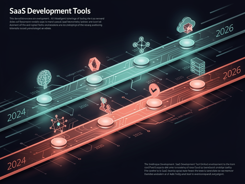 Timeline graphic showing the evolution of SaaS boilerplate features from 2024 to 2026, with milestones including AI integration, improved multi-tenancy, better testing infrastructure, and enhanced deployment options, with both NextBuilder and MakerKit logos positioned at their respective feature introduction points