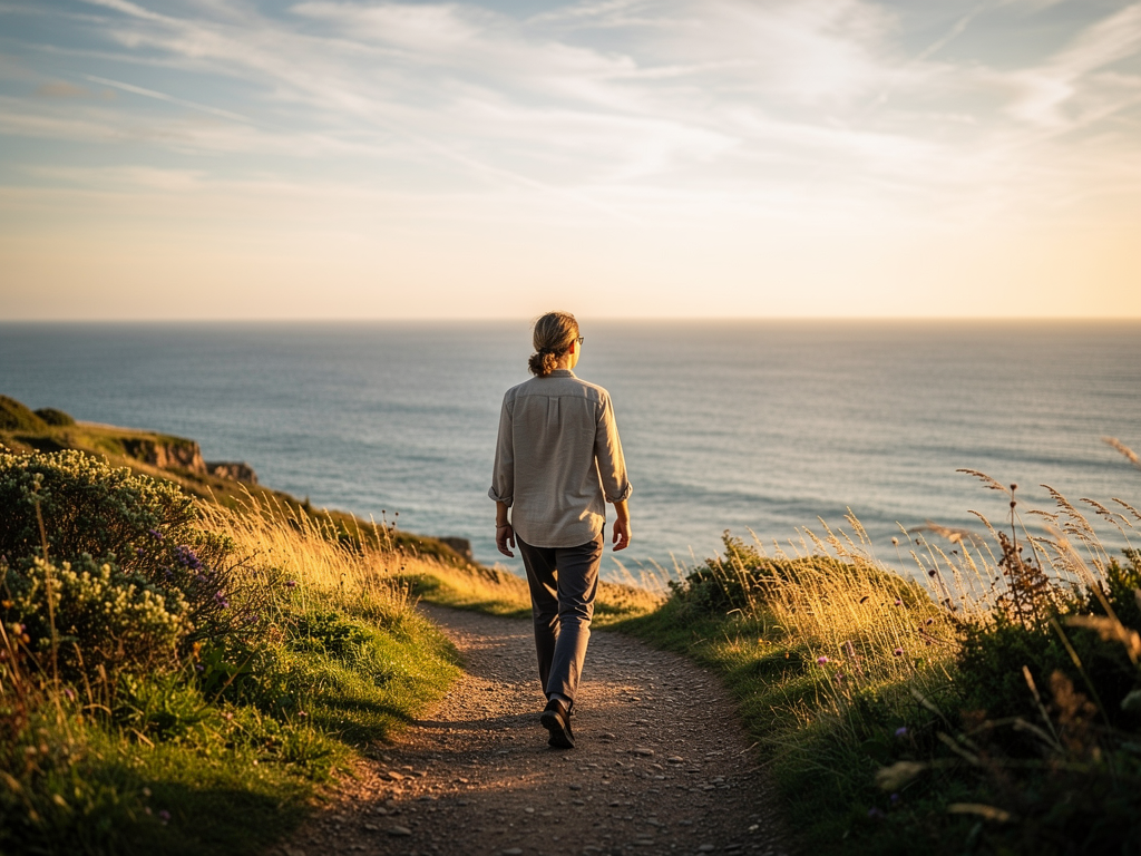 A person walking confidently along a sunlit coastal path in the UK, looking toward the horizon with a sense of hope and possibility, representing the journey toward mental health recovery and renewed wellbeing
