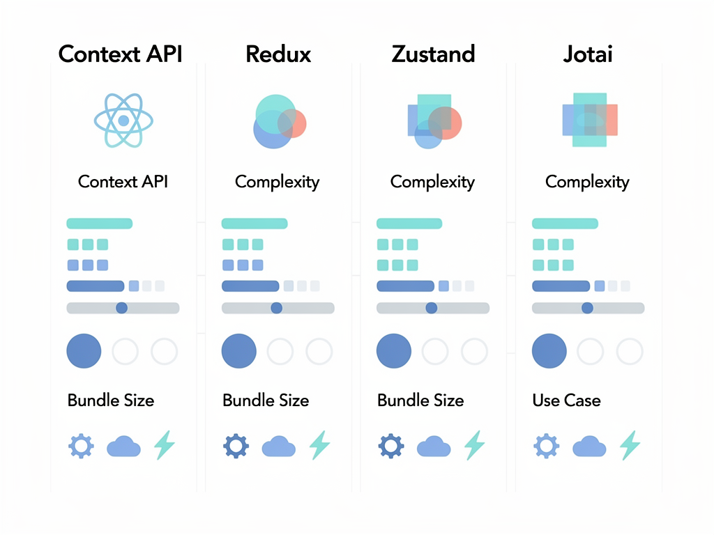 Comparison chart showing different state management solutions for React including Context API, Redux, Zustand, and Jotai, with icons representing complexity level, bundle size, and use cases in a clean data visualization format