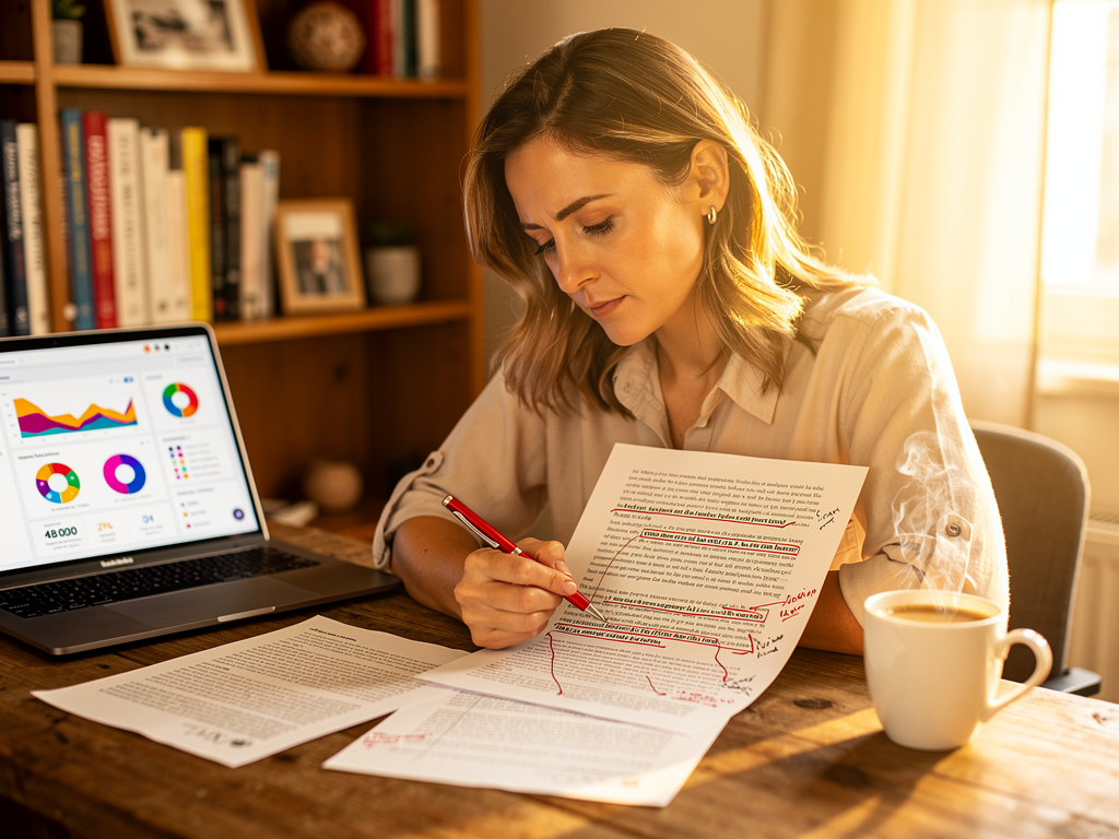 A content strategist reviewing printed articles at a desk, making handwritten notes in margins, laptop open showing analytics data, thoughtful expression while analyzing content performance, warm office lighting with bookshelf in background