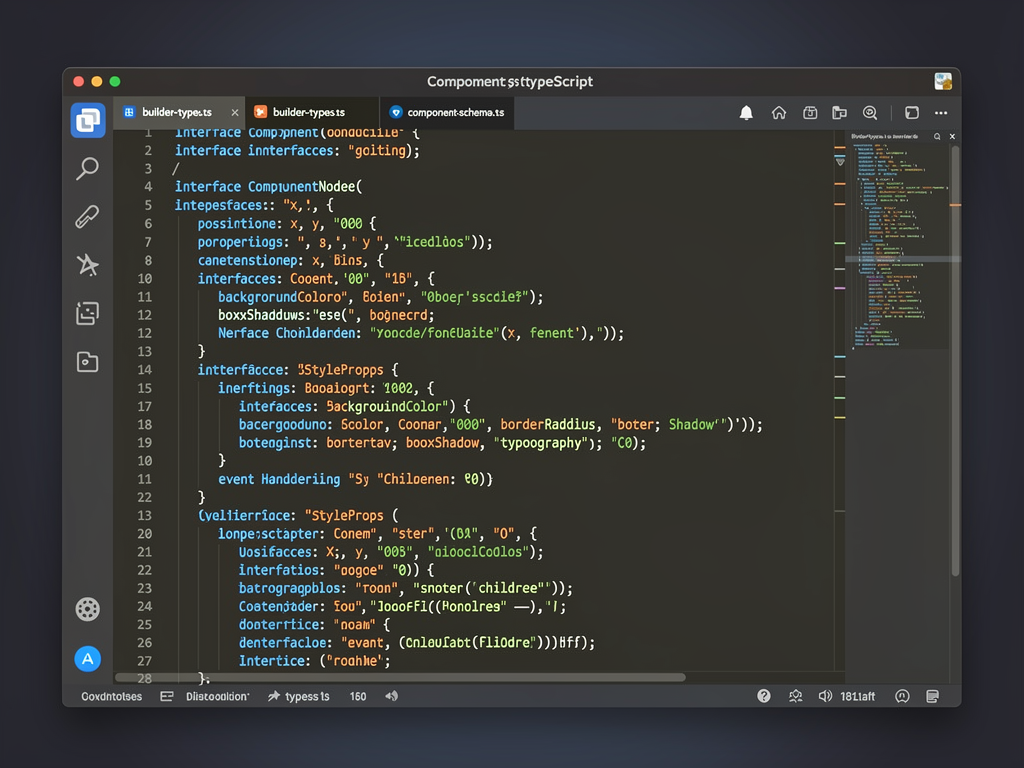 Code editor screenshot showing TypeScript interfaces defining component schemas for a visual builder, with type definitions for properties like position, dimensions, styling, and nested children components, demonstrating the type safety required for complex drag-and-drop systems