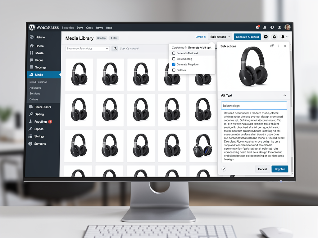 WordPress dashboard screenshot showing the media library interface with a plugin-generated alt text field visible in the image editing panel, displaying a detailed AI-written description for a product photograph, with the bulk actions dropdown menu expanded to show the 'Generate Alt Text' option