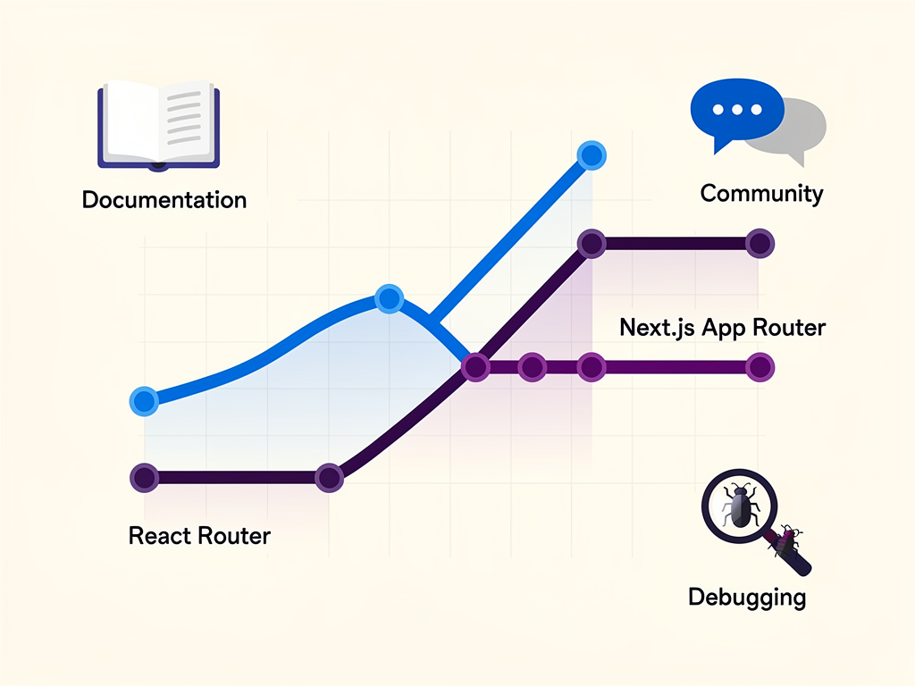 Developer experience comparison chart showing learning curve progression over time for React Router versus Next.js App Router, with icons representing documentation quality, community support, and debugging tools in an infographic style