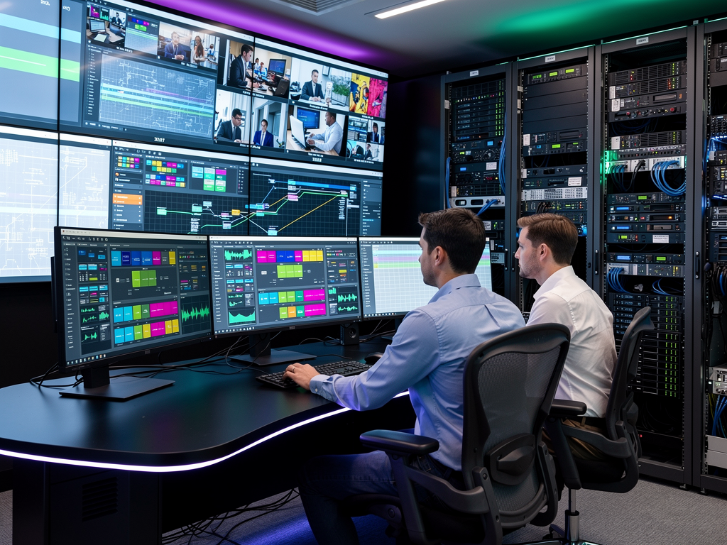A network operations center for sports broadcasting showing multiple monitors displaying different AVoIP protocol interfaces. Engineers monitor signal routing across various protocol standards, with rack-mounted equipment from multiple manufacturers visible in the background.