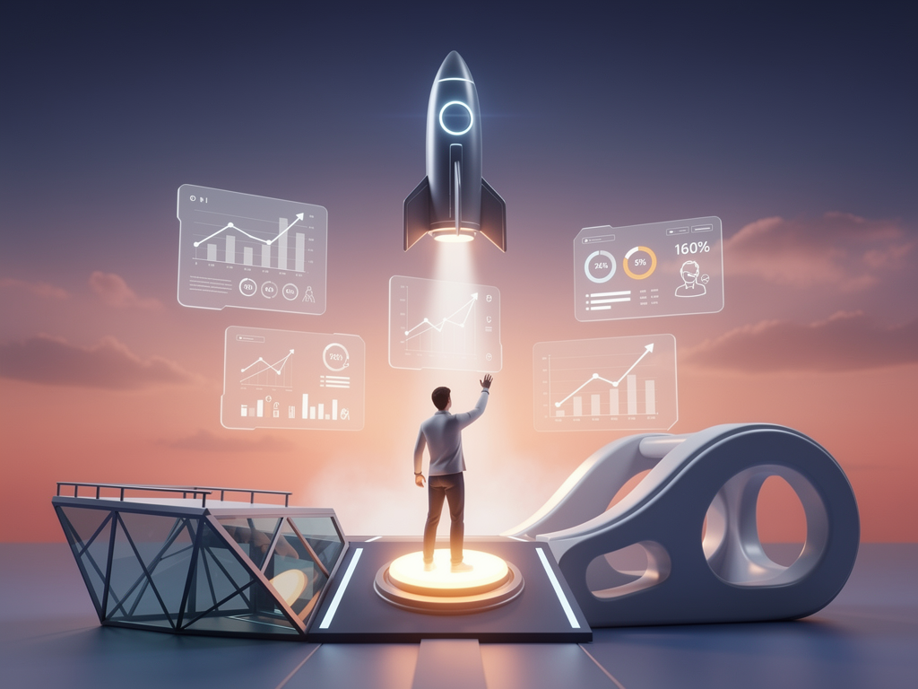 Celebratory illustration showing a developer launching a SaaS platform with rocket imagery, dashboard screens in the background displaying user growth metrics, and subtle branding elements suggesting successful platform launch after choosing the right boilerplate foundation