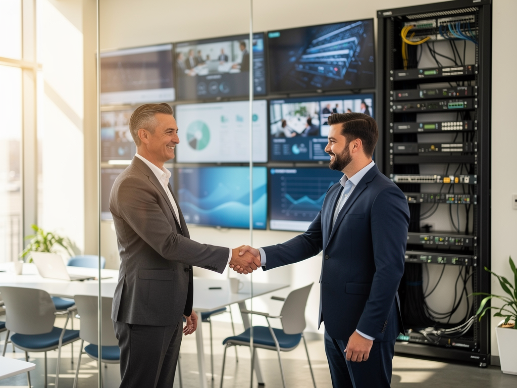 A successful project completion meeting with AV consultants and client stakeholders shaking hands, completed installation visible through glass walls showing multiple displays and professional equipment, celebratory atmosphere in a bright modern office