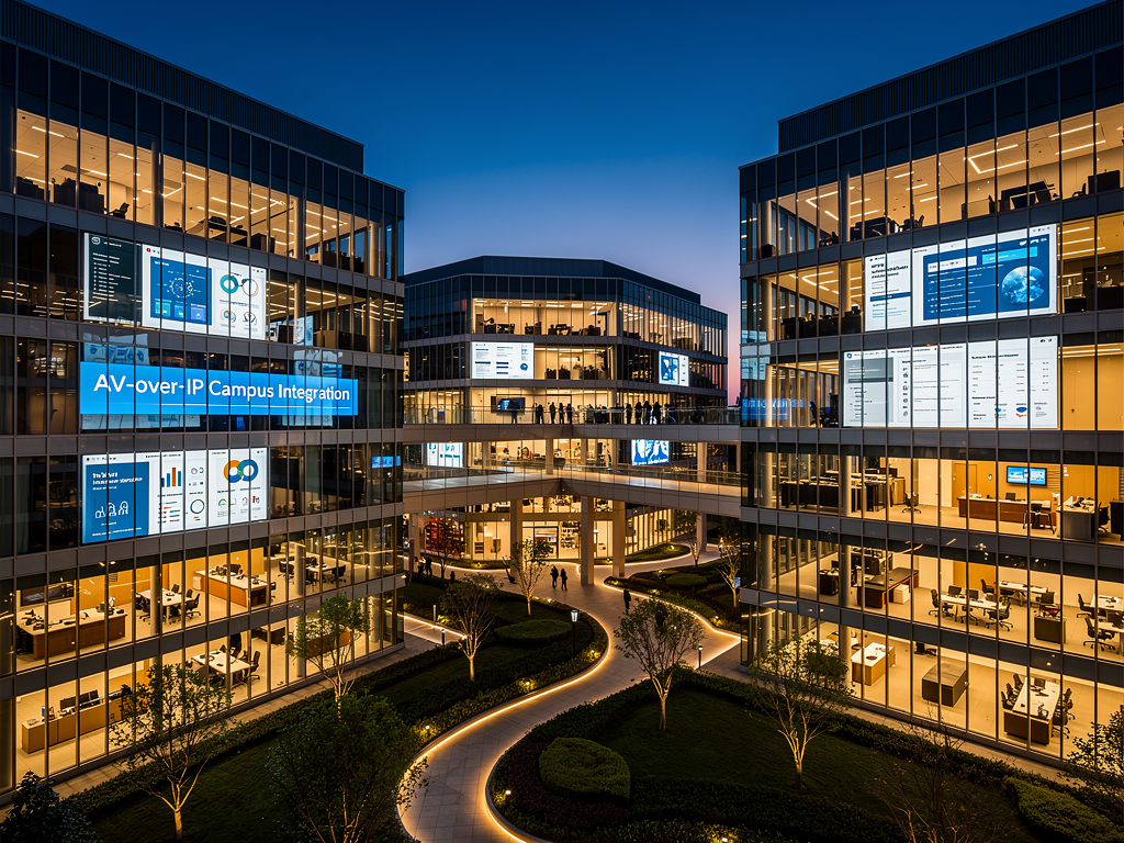 A panoramic view of a modern corporate campus at dusk with illuminated windows showing coordinated display content across multiple buildings, demonstrating enterprise-wide integration, captured in professional architectural photography style