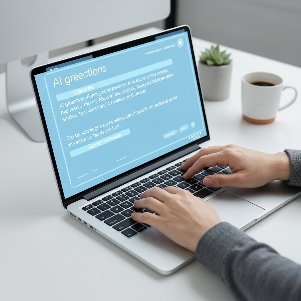 A close-up, high-angle shot of a pair of hands typing on a modern, illuminated laptop keyboard, with a glowing, ethereal blue AI interface overlay subtly projected onto the screen, showcasing predictive text suggestions and grammar corrections in a sleek, futuristic font, set against a blurred background of a contemporary office desk, emphasizing seamless integration and advanced technology, in a photorealistic editorial photograph style with a cool, professional color palette.
