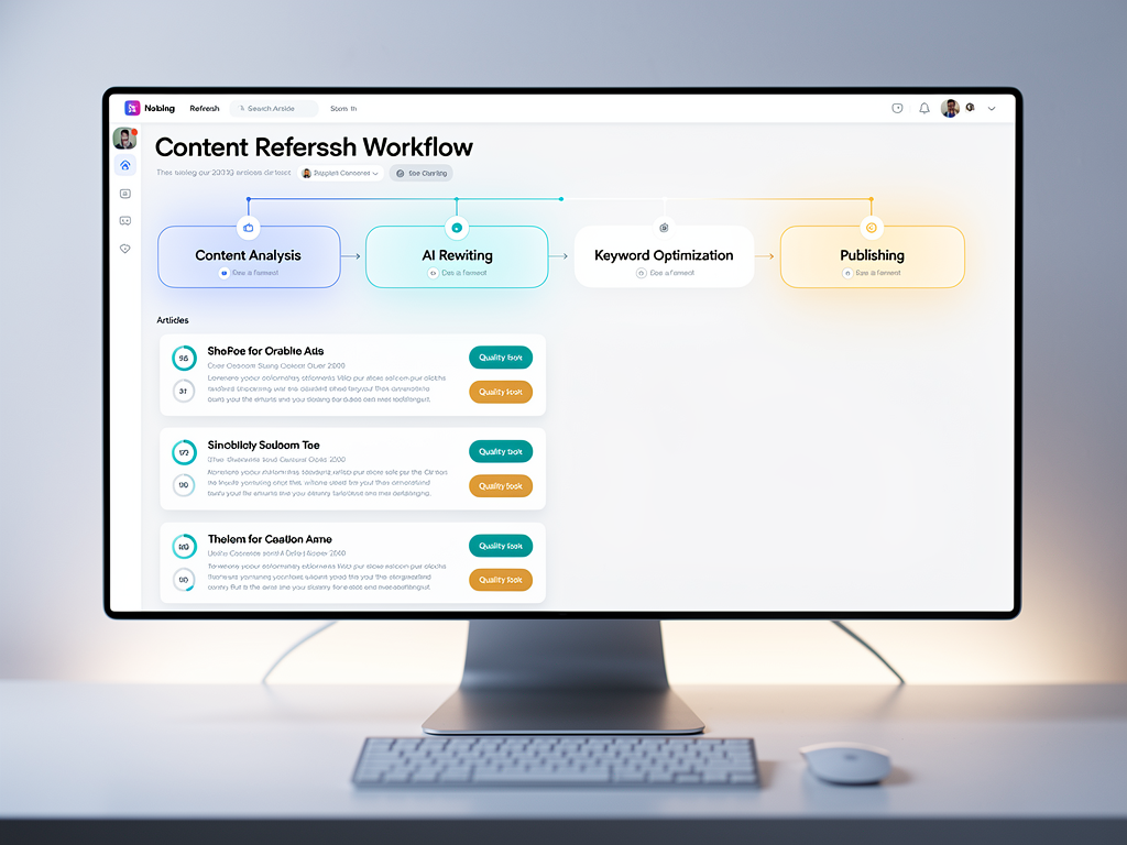 A dashboard interface showing a content refresh workflow with stages including content analysis, keyword optimization, draft generation, review queue, and one-click publishing, with progress indicators and quality scores for multiple articles in various stages of the refresh process