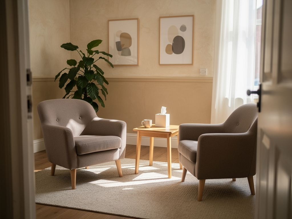 A calm therapy room in a British counselling practice with soft natural light filtering through curtains, featuring two comfortable armchairs facing each other, a small side table with a tissue box, and warm neutral tones creating a safe therapeutic environment for emotional discussions