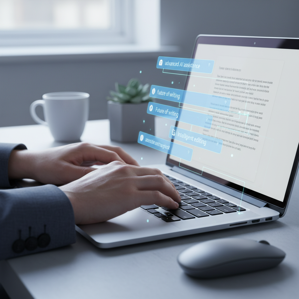 A person typing on a laptop with glowing, futuristic predictive text suggestions appearing above the keyboard, illustrating the advanced nature of modern writing assistants
