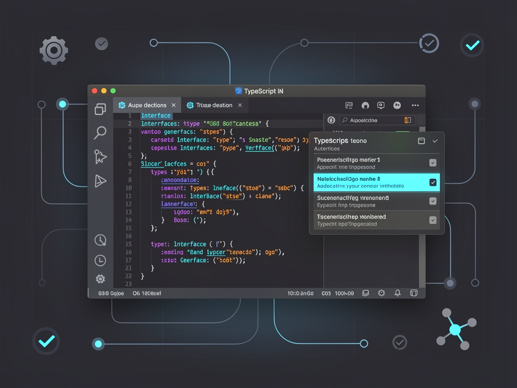 A modern code editor displaying TypeScript code with syntax highlighting, showing type annotations and interface definitions with a dark theme, clean typography, and visible autocomplete suggestions appearing in a dropdown menu